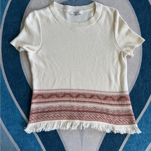 Madewell Cream and Rust Short Sleeve Sweater with Fringe - Picture 1 of 3